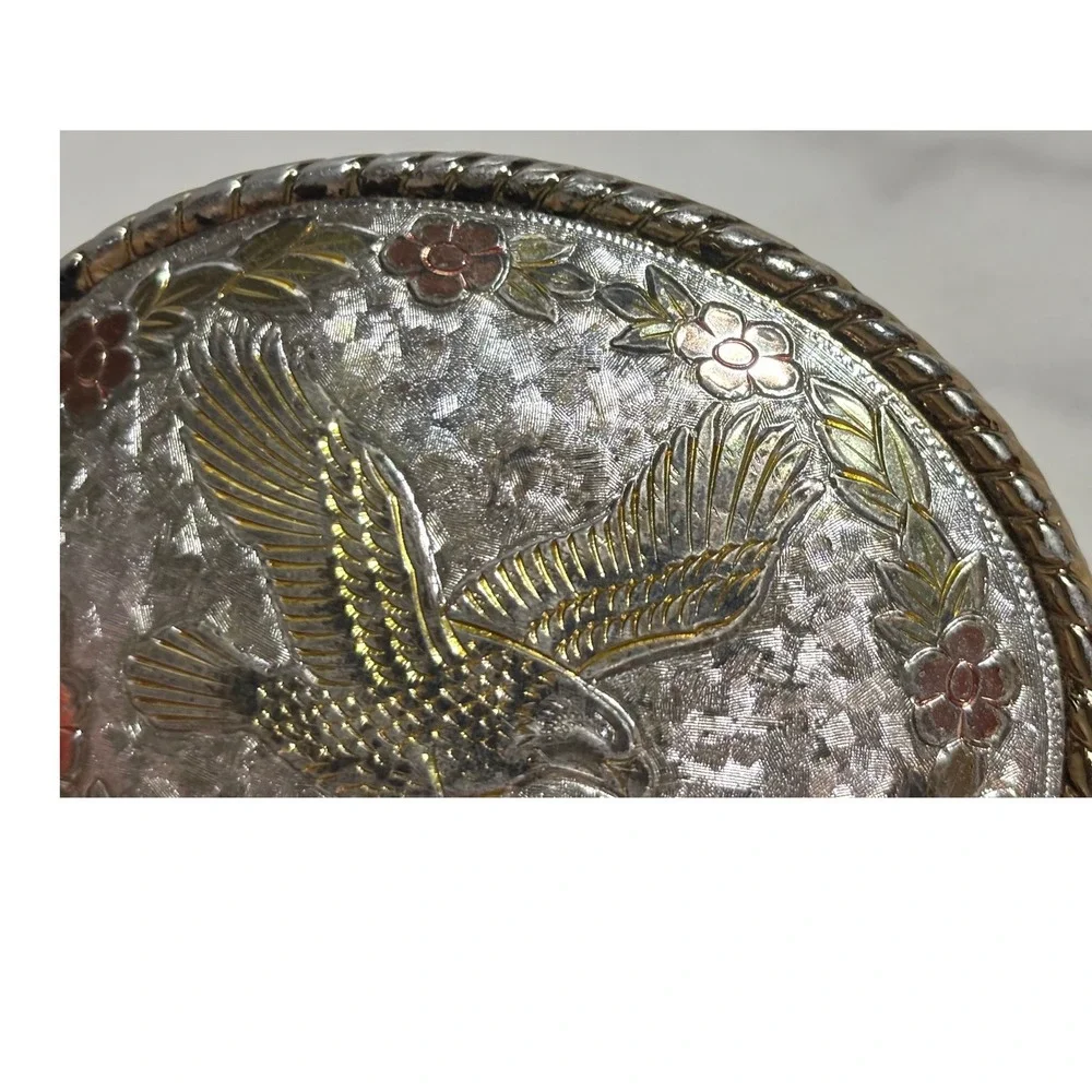 Vintage Western Eagle Floral Belt Buckle Tri-Tone Gold Silver Rose Made in USA